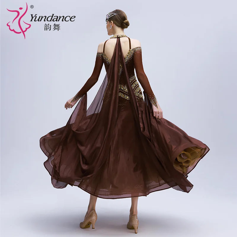 Women's Standard Ballroom Dance Dress With Rhinestones Long Chiffon Coffee For Competition