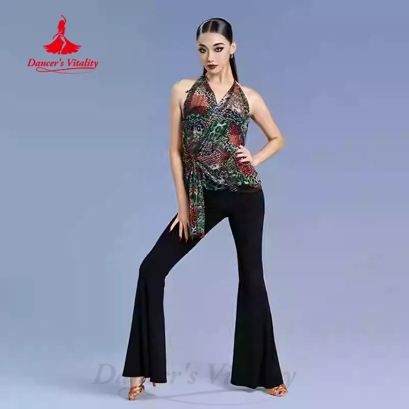 Latin Dance Dress Women's Black & Animal Print Fringe Halter Top, Sleeveless, Asymmetrical Hem, Polyester Blend, Rumba, Cha Cha, Samba