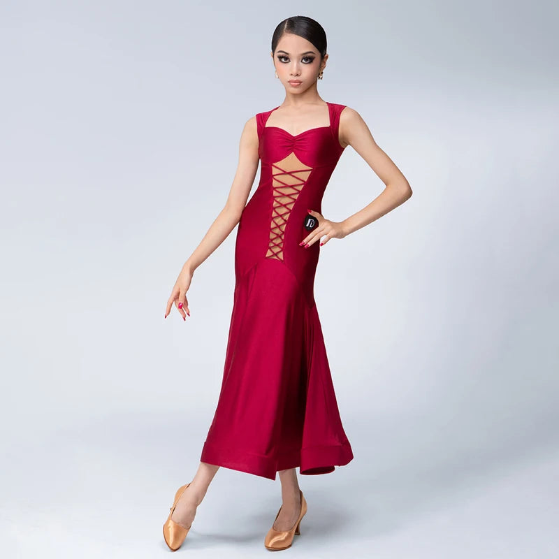 Women's Red Lycra Mesh Lace-Up Latin Ballroom Dance Dress