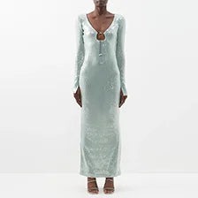 Pale Blue Sequin V-Neck Dress with Lace-Up Detail and Long Flared Sleeves