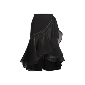 Women's Black Long Sleeve Mock Neck Open Back Leotard with Ruffled Tassel Latin Dance Skirt