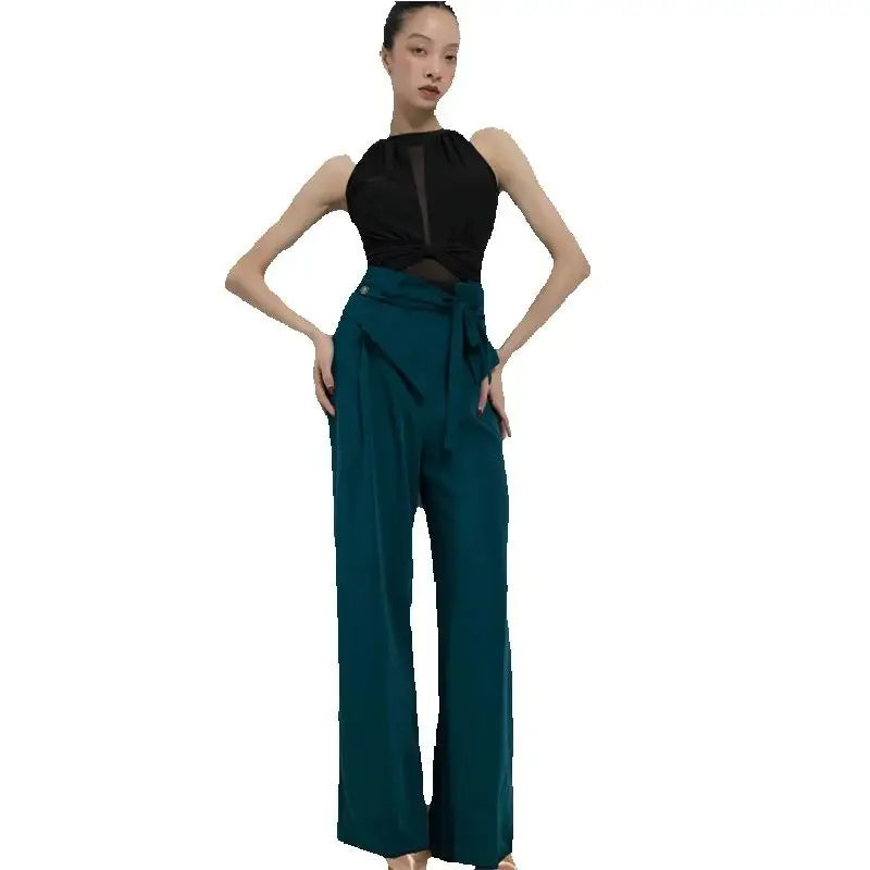 Women's Black Mesh Halter Bodysuit and Teal High-Waisted Wide-Leg Pants Latin Ballroom Dancewear