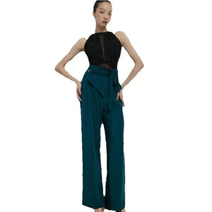 Women's Black Mesh Halter Bodysuit and Teal High-Waisted Wide-Leg Pants Latin Ballroom Dancewear