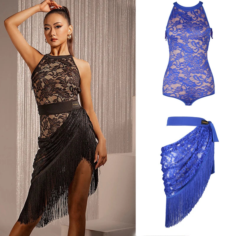 Women's Black Lace Halter Bodysuit with Fringe Latin Dance Skirt