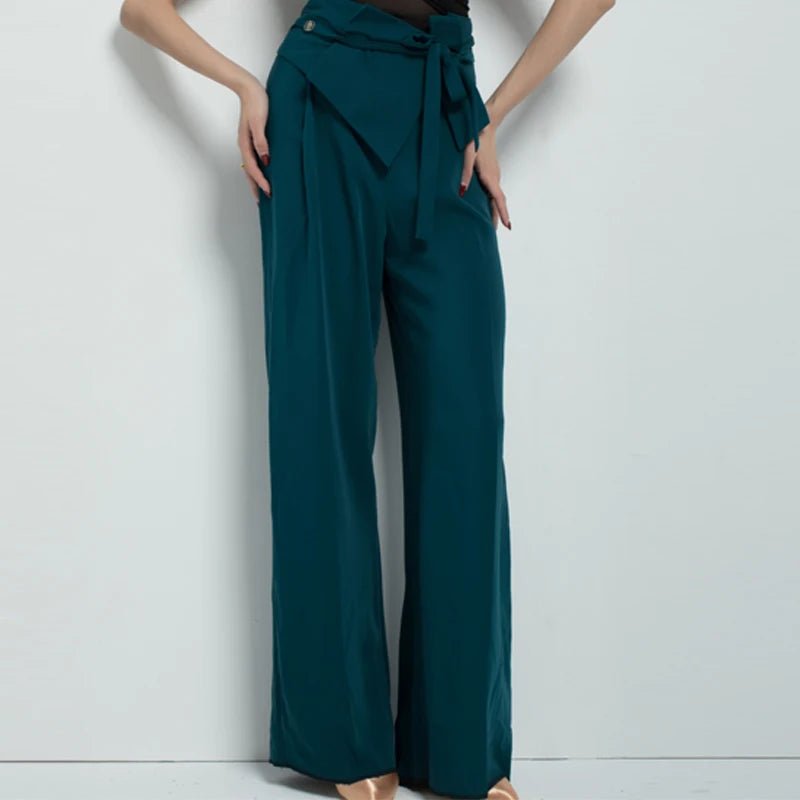 Women's Black Mesh Halter Bodysuit and Teal High-Waisted Wide-Leg Pants Latin Ballroom Dancewear