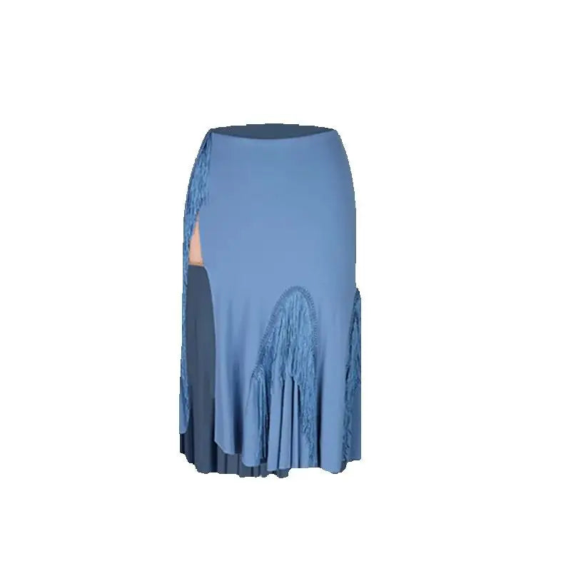 Women's Black & Blue Fringe Latin Dance Set, Backless Crop Top & Skirt with Slit