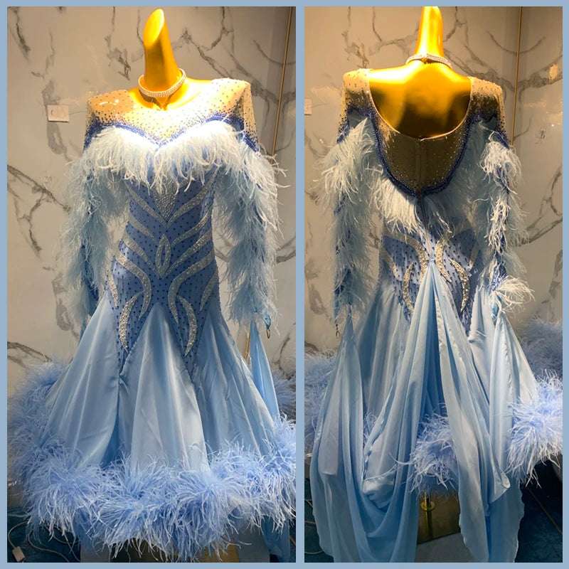 Women's Light Blue Ballroom Dance Dress with Ostrich Feather Trim, Rhinestone Embellishments, and Mesh Sleeves