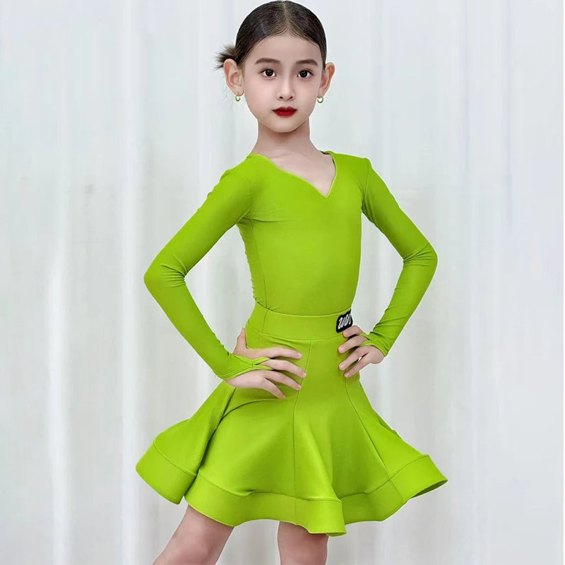 Girls' Pink Long Sleeve V-Neck Ruffled Skirt Latin Dance Dress