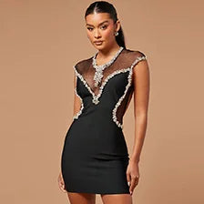 Black Mesh and Diamond Embellished Sleeveless Mini Dress with Round Neck