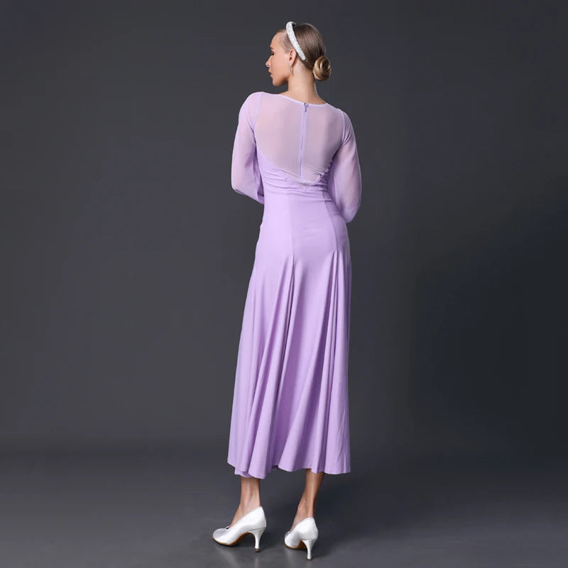 Women's Lavender & Black Sheer Sleeve Ballroom Dance Dress, Mesh & Chiffon, Latin & Standard
