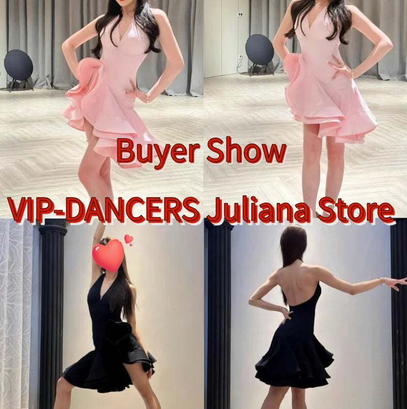 Women's Black Halter Neck Ruffled Latin Dance Dress
