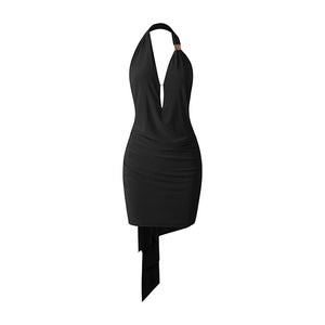 Women's Burgundy & Black Halter Ruched Bodycon Mini Dress with Plunge Neck and Asymmetrical Hem for Latin Dance