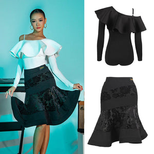 Women's Black & White Ruffled Off-Shoulder Long Sleeve Bodysuit and Floral Pattern Latin Dance Skirt