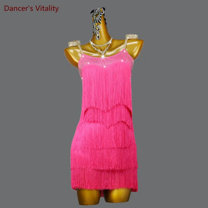 Women's Hot Pink Fringe Sequin Spaghetti Strap Latin Dance Dress