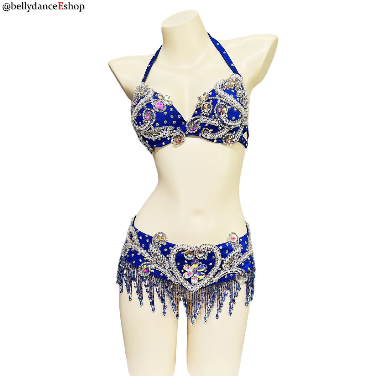 Belly Dance Bra and Belt Set, Women's White Embellished Sequin and Bead Halter Top and Fringe Hip Scarf, Professional Performance Costume