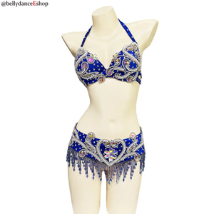 Belly Dance Bra and Belt Set, Women's White Embellished Sequin and Bead Halter Top and Fringe Hip Scarf, Professional Performance Costume