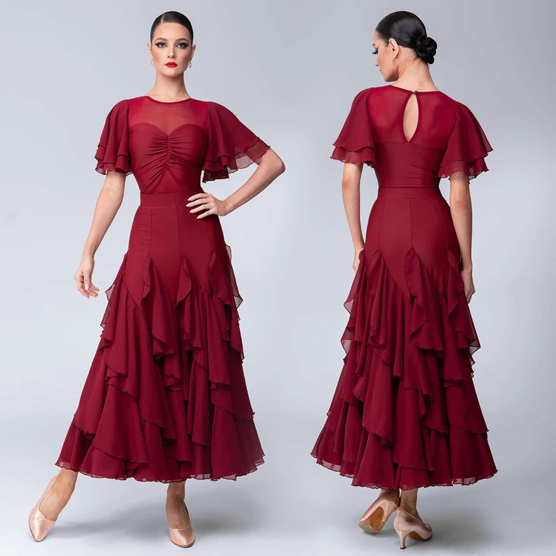 Women's Burgundy Chiffon Mesh Ruffled Ballroom Latin Dance Dress