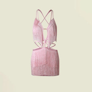 Lyrical Dance Dress Women's Pink Fringe Cutout Halter Mini Dress, Latin Dance Dress Women's Black Fringe Cutout Halter Mini Dress, Latin Dance Dress Women's White Fringe Cutout Halter Mini Dress