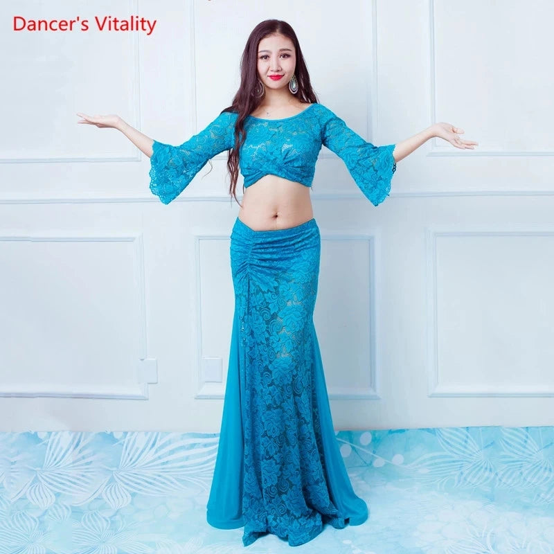Women's Fuchsia Lace Bell Sleeve Crop Top and Mermaid Skirt Set - Belly Dance