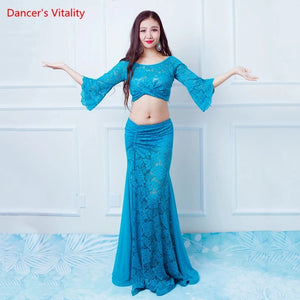 Women's Fuchsia Lace Bell Sleeve Crop Top and Mermaid Skirt Set - Belly Dance