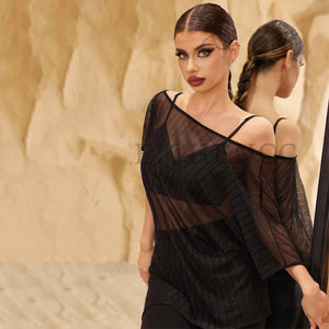Women's Black Sheer Pleated Off-Shoulder Dance Top with Spaghetti Straps