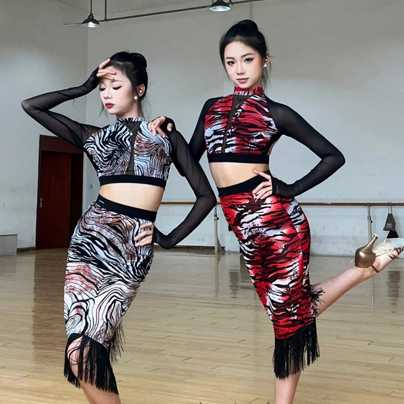 Latin Dance Dress, Women's Black/White & Red/Black Tiger Print Fringe Skirt Set, Mesh Sleeves, Ballroom Dance