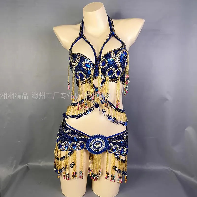 Belly Dance Costume Women's Blue Sequin Beaded Fringe Halter Top and Hip Scarf Set for Eastern Dance Performance