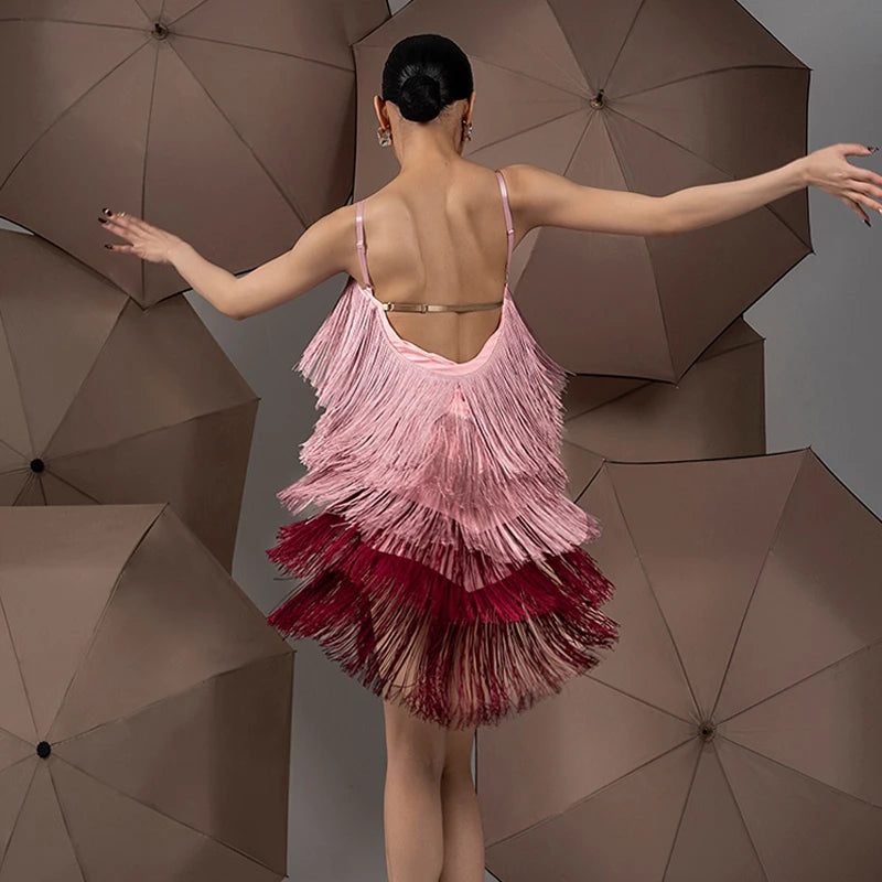 Women's Pink & Burgundy Ombre Fringe Latin Dance Dress