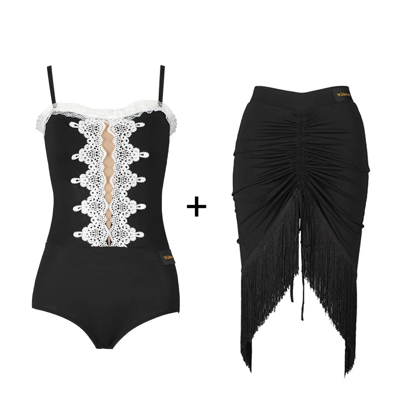 Women's Black Ruched Fringe Asymmetrical Latin Dance Skirt