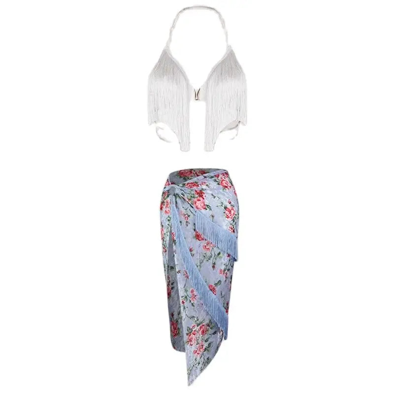 Women's White Fringe Halter Top and Floral Lace Slit Skirt Latin Dancewear