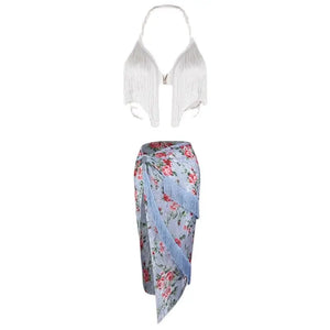 Women's White Fringe Halter Top and Floral Lace Slit Skirt Latin Dancewear