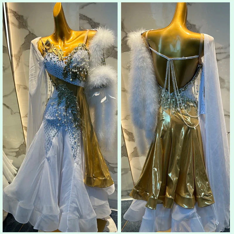 Ballroom Dance Dress Women's White & Gold Embellished Sleeveless with Feather Boa & Chiffon Skirt Standard Latin Rhythm Tango Waltz