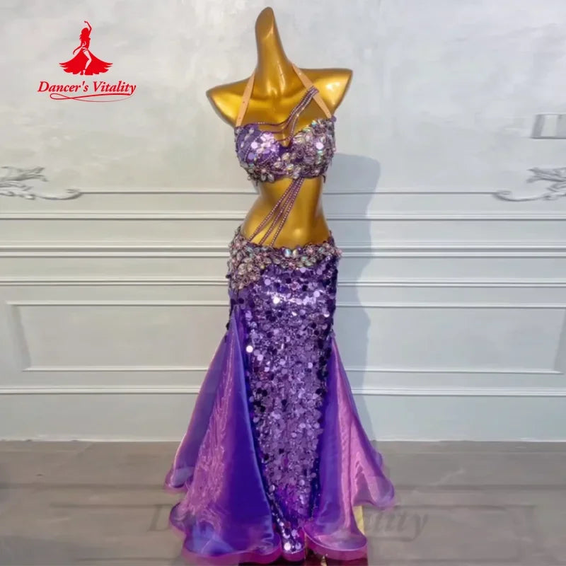Adult Women's Belly Dance 2-Piece Costume With Rhinestone Bra And Sequin Fishtail Skirt For Competition