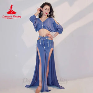 Women's Green V-Neck Crop Top and Slit Pants Set with Rhinestone Tassels, Belly Dance Costume
