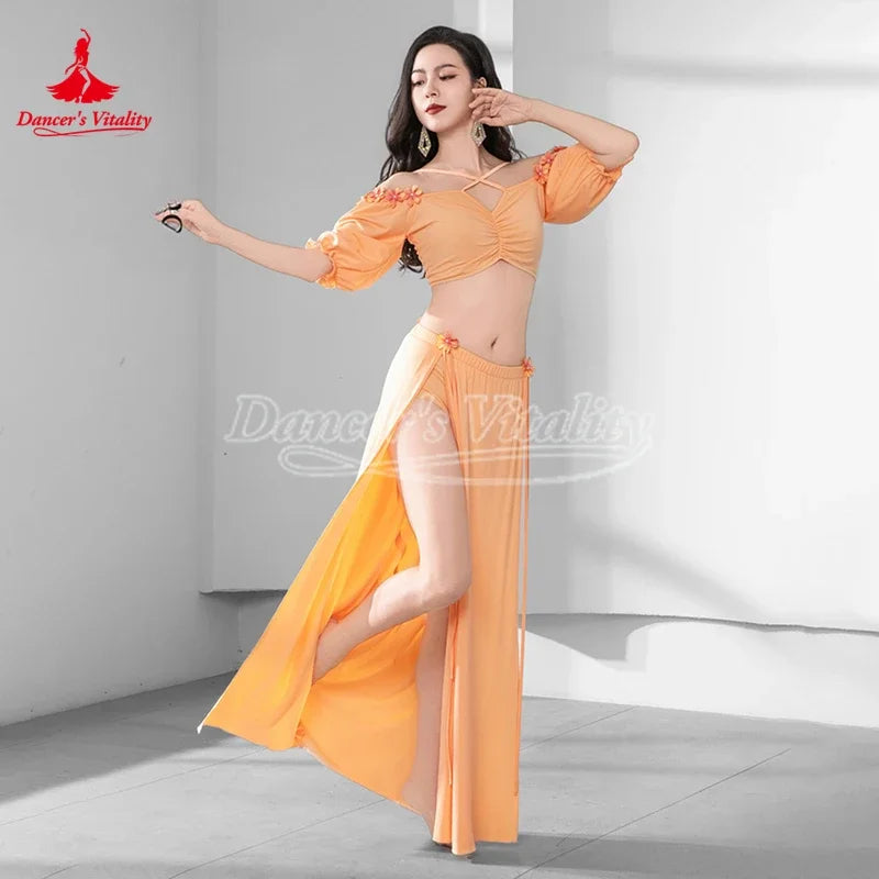 Belly Dance Costume Women Light Blue Chiffon Off-Shoulder Crop Top & High Slit Skirt Set for Oriental Dance Performance
