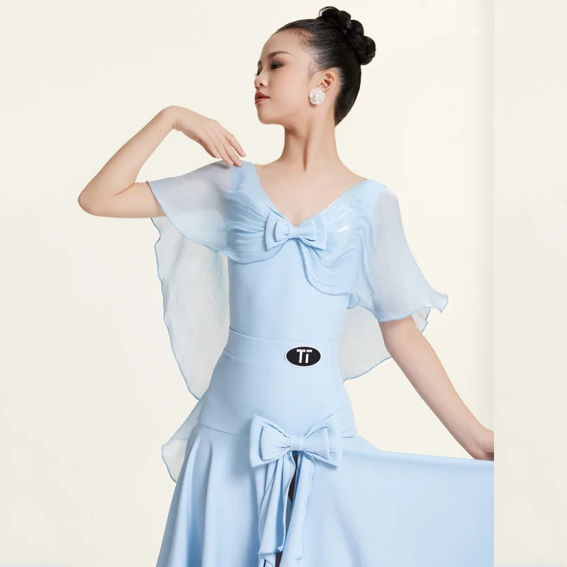 Girls' Light Blue Ballroom Latin Dance Dress with Chiffon Cape Sleeves and Bow Detail