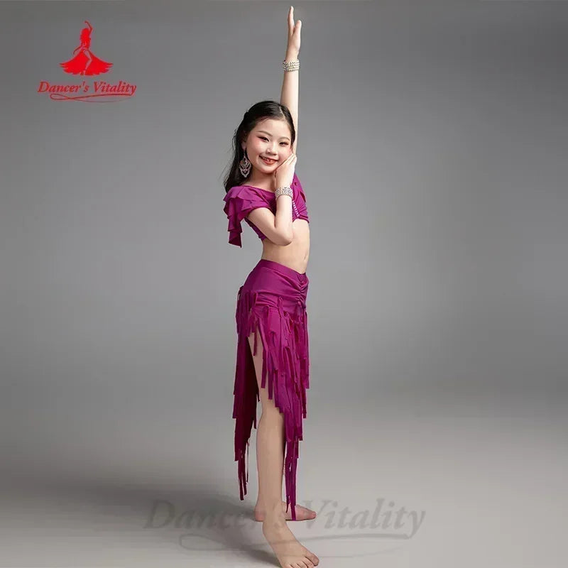 Girls Aqua Belly Dance Costume, Ruffled Crop Top, Fringe Skirt with Slit, Performance Wear