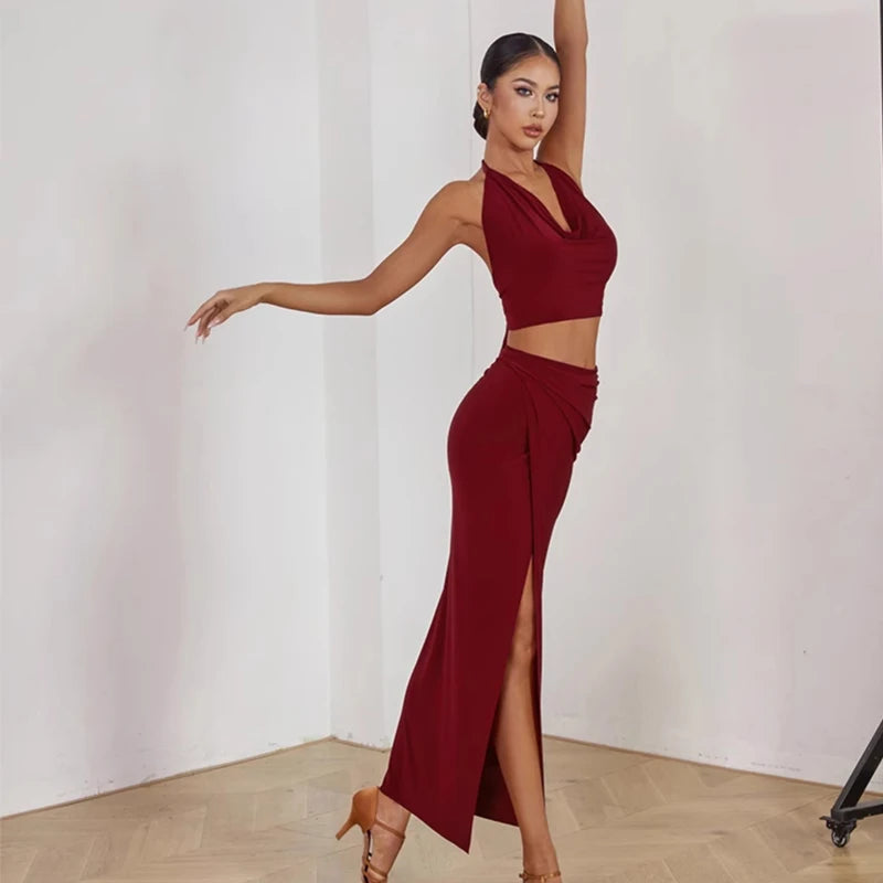 Women's White Halter Neck Draped Cowl Neck High Slit Ruched Maxi Dress for Latin Dance