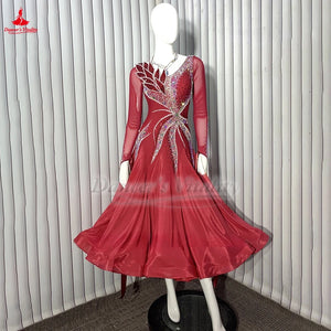 Women's Standard Ballroom Dance Dress With AB Rhinestones And Long Sleeves For Waltz Foxtrot Tango Competition