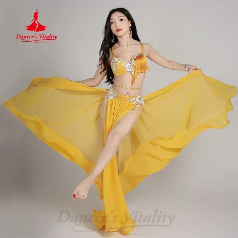 Belly Dance Costume for Women, Red Chiffon Sequin Embroidered Bra and Skirt Set, Professional Performance Outfit