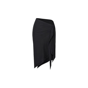 Women's Pink Long Sleeve Mock Neck Cut-Out Bodysuit with Black Asymmetrical Wrap Skirt for Latin Dance