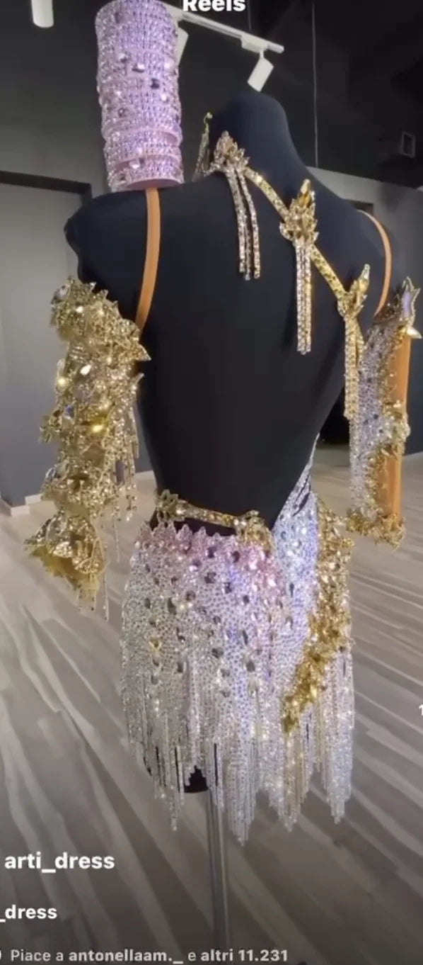 Latin Dance Dress Women Gold Pink Silver Crystal Fringe Rhinestone Strappy Salsa Samba Cha-Cha Rumba Performance Costume