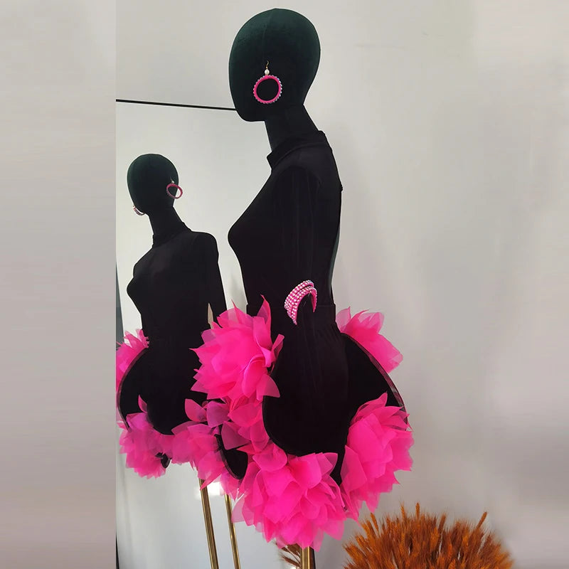 Women's Black Velvet Latin Dance Dress with Hot Pink Ruffles and Rhinestone Details