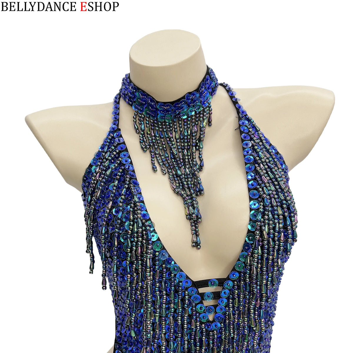 Belly Dance Leotard, Women's, Blue Sequin & Beaded Fringe Halter Neck, Belly Dance
