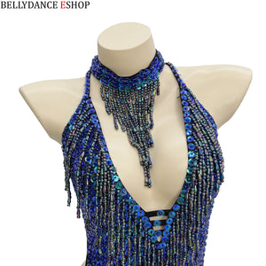 Belly Dance Leotard, Women's, Blue Sequin & Beaded Fringe Halter Neck, Belly Dance