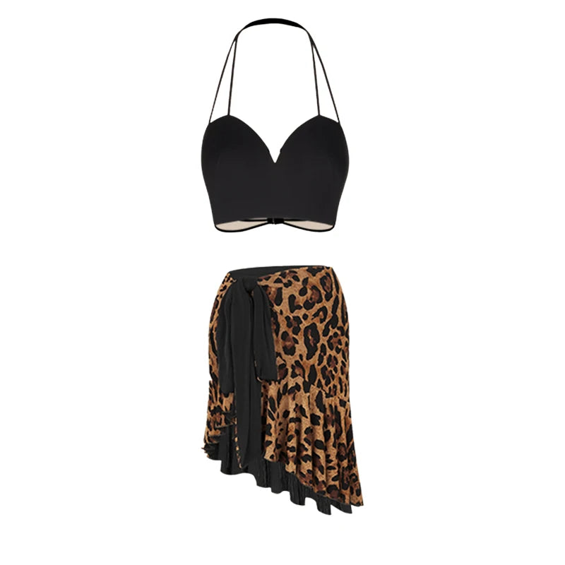 Dance Crop Top and Skirt Set Women's Black and Leopard Print Halter Neck Sweetheart Ruffle Hem Latin Dancewear