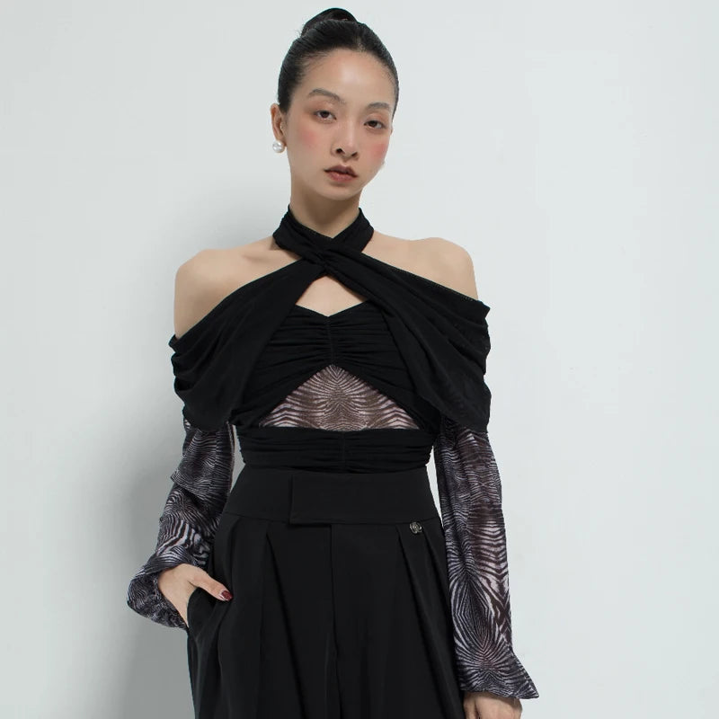 Women's Black Halter Off-Shoulder Ruched Mesh Top with Zebra Print Sleeves, Contemporary Dance