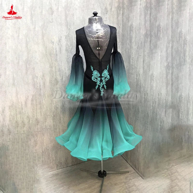 Women's Black and Teal Ombre Ballroom Dance Dress with Mesh Sleeves and Lace Applique