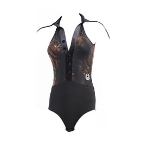 Latin Dance Dress Women's Black & Bronze Halter Fringe Skirt Set Rumba Samba Cha-Cha Ballroom