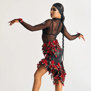 Women's Black Sheer Mesh Bodysuit & Rose Applique Asymmetrical Skirt Latin Dancewear Set